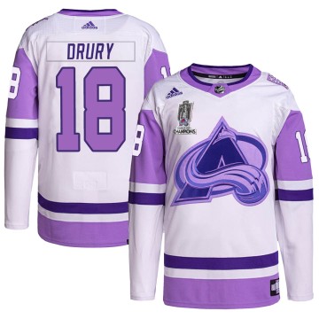 Authentic Adidas Men's Chris Drury Colorado Avalanche Hockey Fights Cancer 2022 Stanley Cup Champions Jersey - White/Purple