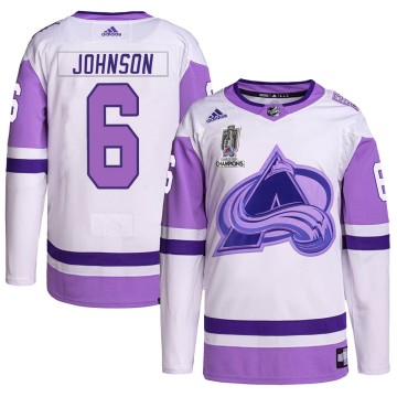 Authentic Adidas Men's Erik Johnson Colorado Avalanche Hockey Fights Cancer 2022 Stanley Cup Champions Jersey - White/Purple