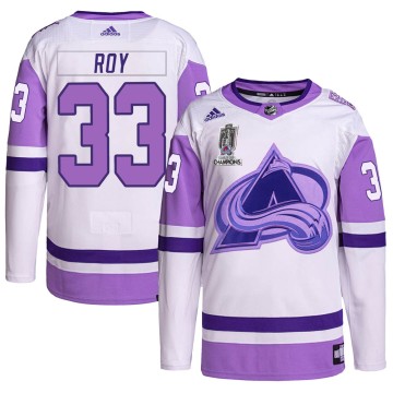 Authentic Adidas Men's Patrick Roy Colorado Avalanche Hockey Fights Cancer 2022 Stanley Cup Champions Jersey - White/Purple