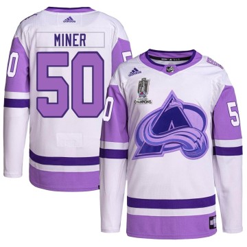 Authentic Adidas Men's Trent Miner Colorado Avalanche Hockey Fights Cancer 2022 Stanley Cup Champions Jersey - White/Purple