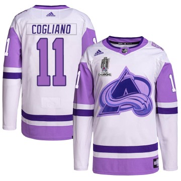 Authentic Adidas Youth Andrew Cogliano Colorado Avalanche Hockey Fights Cancer 2022 Stanley Cup Champions Jersey - White/Purple