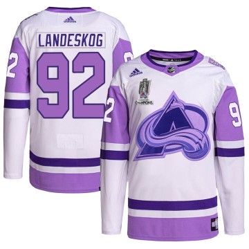 Authentic Adidas Youth Gabriel Landeskog Colorado Avalanche Hockey Fights Cancer 2022 Stanley Cup Champions Jersey - White/Purpl
