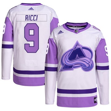 Authentic Adidas Youth Mike Ricci Colorado Avalanche Hockey Fights Cancer Primegreen Jersey - White/Purple