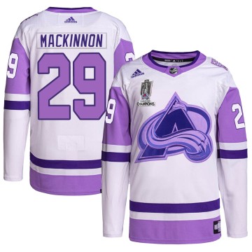 Authentic Adidas Youth Nathan MacKinnon Colorado Avalanche Hockey Fights Cancer 2022 Stanley Cup Champions Jersey - White/Purple